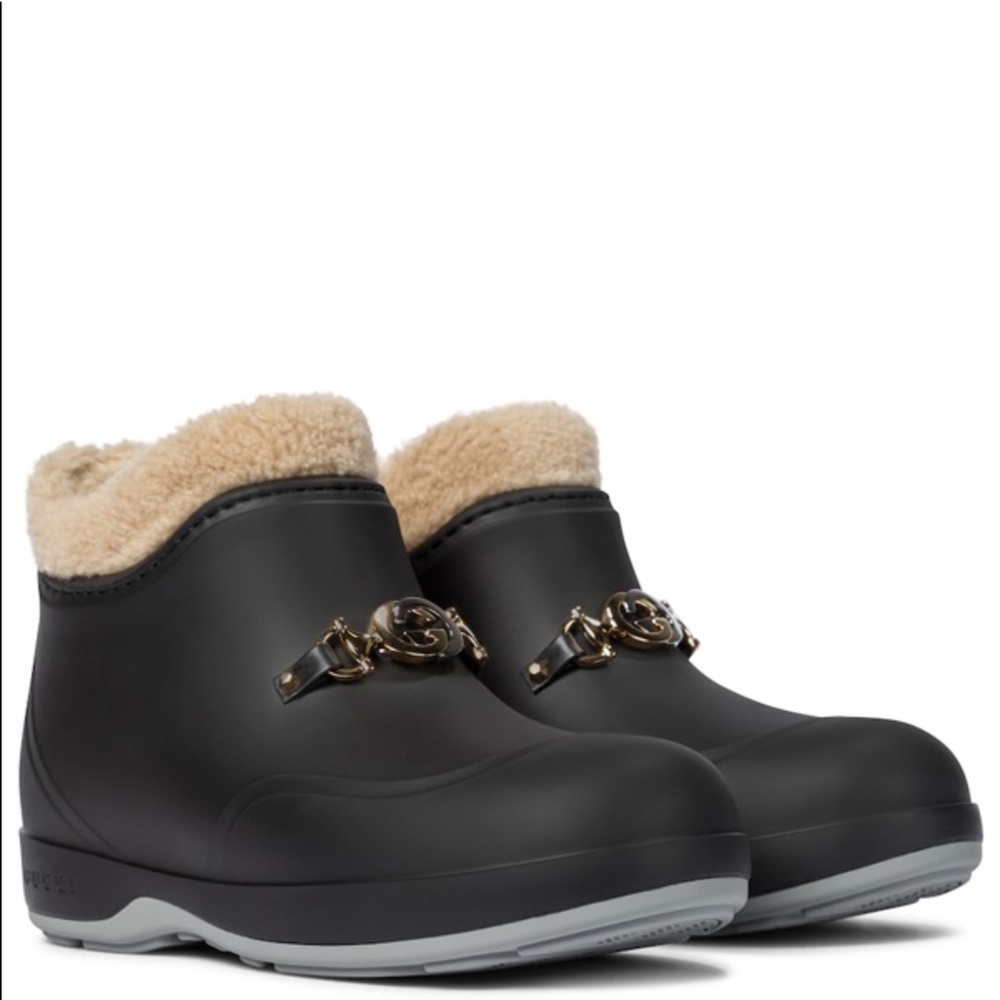 NWT Gucci Black Rubber Sherpa Horsebit GG Snow Rain Boots 39 US8